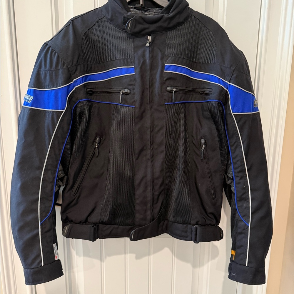 Olympia Unisex Black and Blue Motorcycle Jacket $75